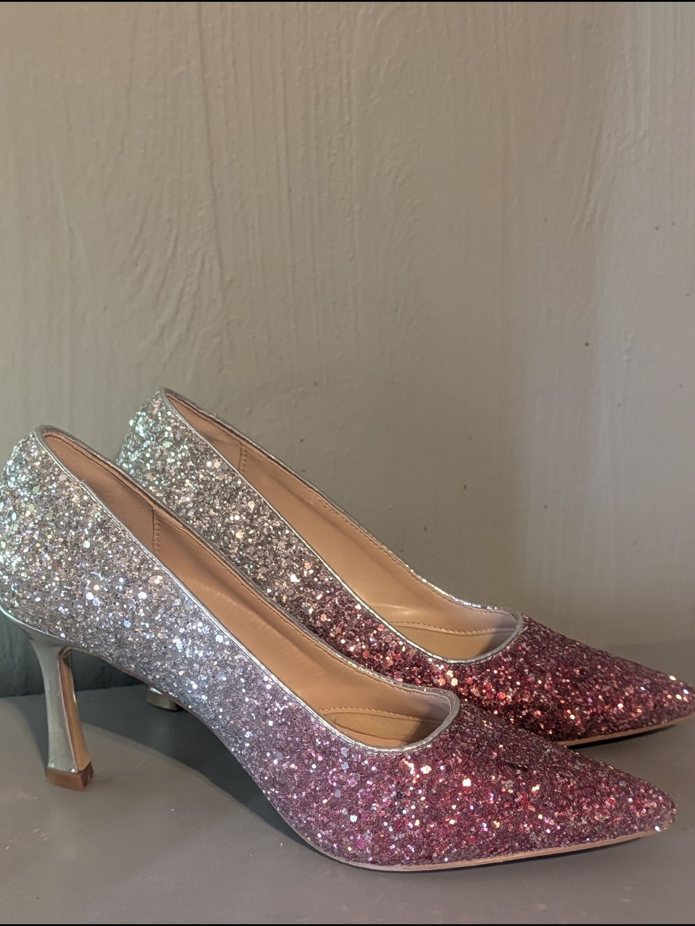 Sparkling Pink Ombre Glitter Pointed-Toe Pumps 3 Inch Heel - Picture 2 of 6